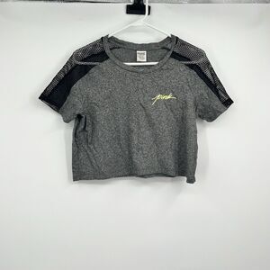 Womens PINK Victoria’s Secret L Gym Workout Gray Crop Top Black Mesh Net Detail